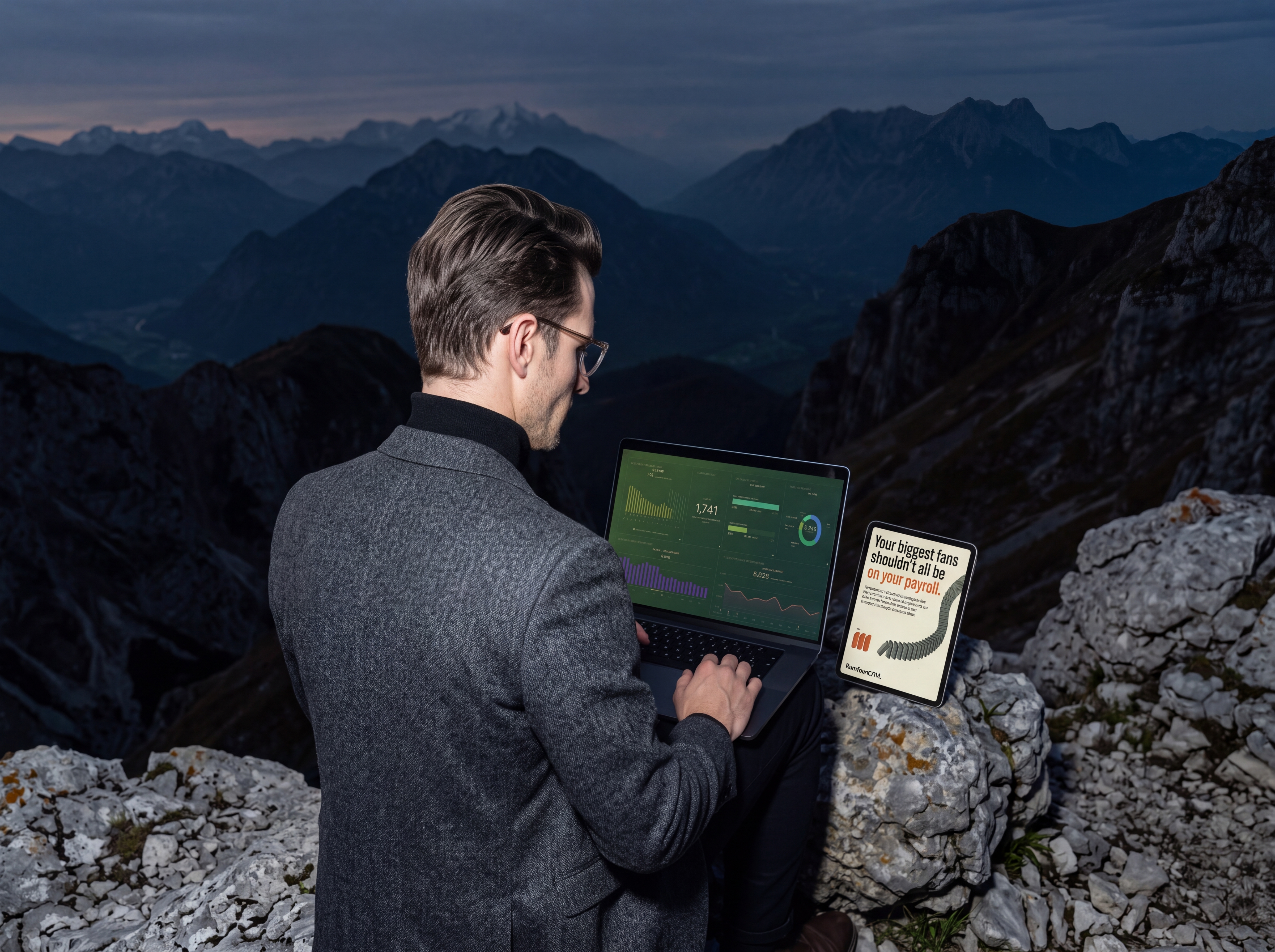 RunYourGTM founder working on a laptop on a mountain summit at dusk