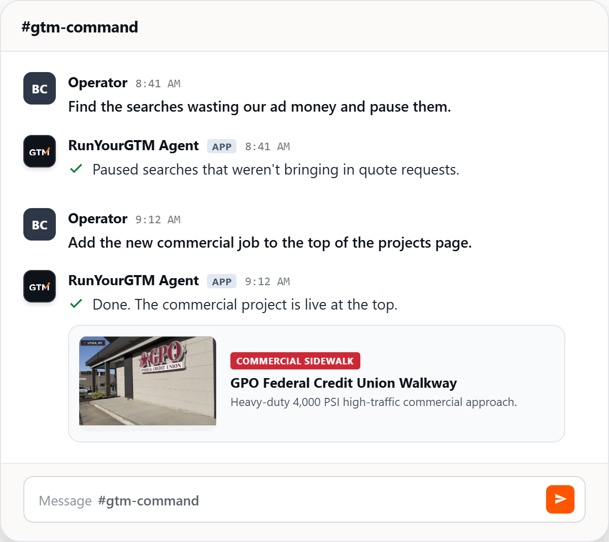 GTM Command console managing search ads and commercial job