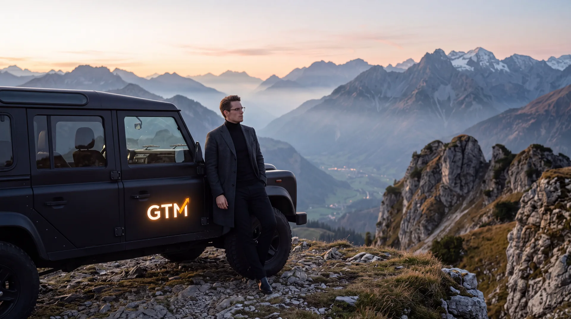 Senior operator leaning on GTM Defender overlooking alpine valley at dawn