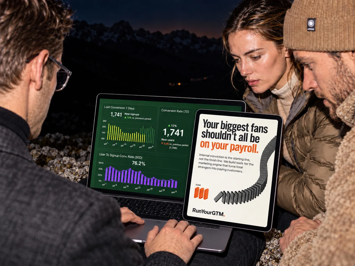 RunYourGTM marketing operators reviewing campaign performance and creative on laptop and tablet outdoors
