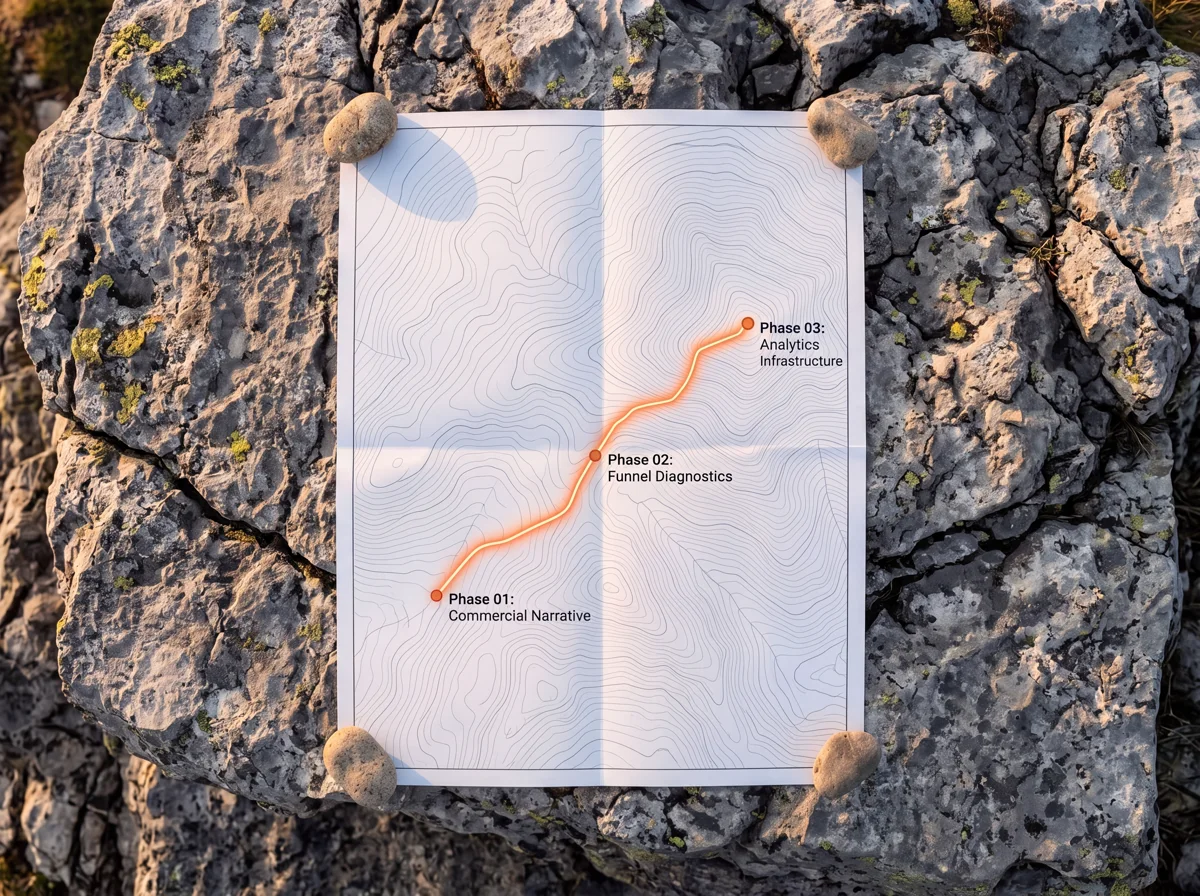 Topographic expedition map illustrating the three architectural stages of The Sprint